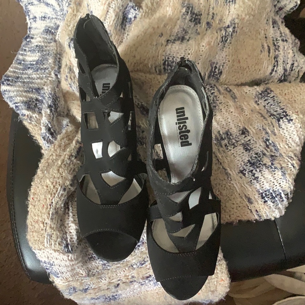 SOLD! Black faux suede cut out heels